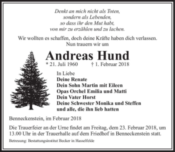 Traueranzeige von Andreas Hund  von Magdeburger Volksstimme