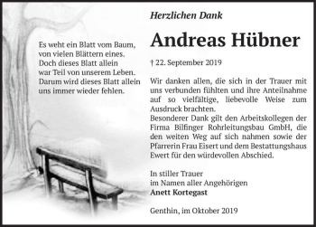 Traueranzeige von Andreas Hübner  von Magdeburger Volksstimme