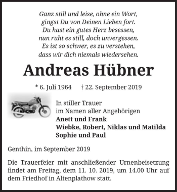 Traueranzeige von Andreas Hübner  von Magdeburger Volksstimme