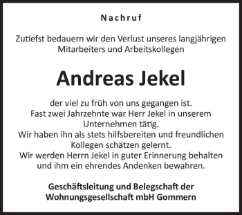 Traueranzeige von Andreas Jekel  von Magdeburger Volksstimme