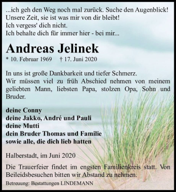 Traueranzeige von Andreas Jelinek  von Magdeburger Volksstimme