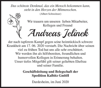 Traueranzeige von Andreas Jelinek  von Magdeburger Volksstimme