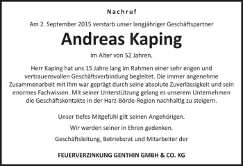 Traueranzeige von Andreas Kaping  von Magdeburger Volksstimme