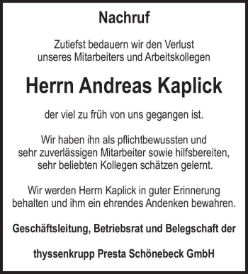 Traueranzeige von Andreas Kaplick  von Magdeburger Volksstimme