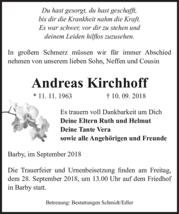 Traueranzeige von Andreas Kirchhoff  von Magdeburger Volksstimme
