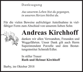 Traueranzeige von Andreas Kirchhoff  von Magdeburger Volksstimme
