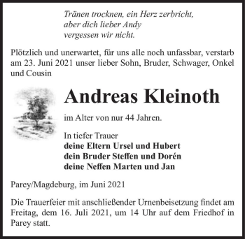 Traueranzeige von Andreas Kleinoth  von Magdeburger Volksstimme