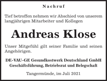 Traueranzeige von Andreas Klose  von Magdeburger Volksstimme