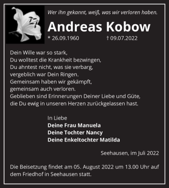 Traueranzeige von Andreas Kobow  von Magdeburger Volksstimme