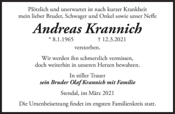 Traueranzeige von Andreas Krannich  von Magdeburger Volksstimme