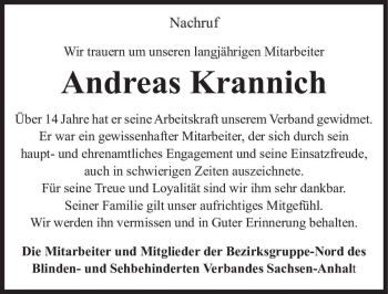 Traueranzeige von Andreas Krannich  von Magdeburger Volksstimme
