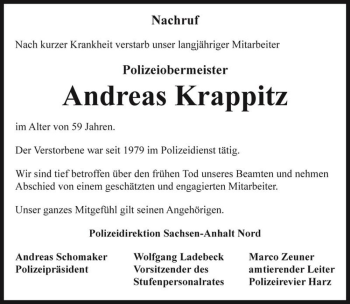 Traueranzeige von Andreas Krappitz  von Magdeburger Volksstimme