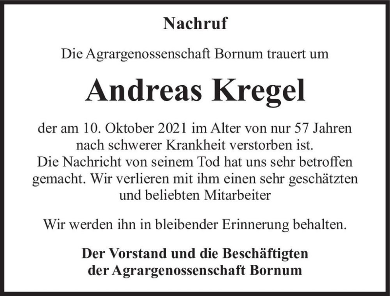  Traueranzeige für Andreas Kregel  vom 20.11.2021 aus Magdeburger Volksstimme