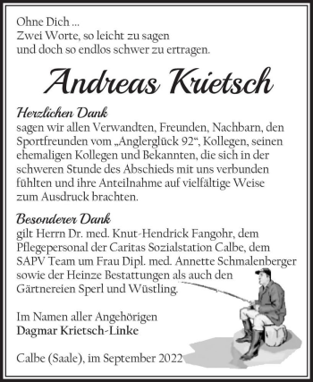 Traueranzeige von Andreas Krietsch  von Magdeburger Volksstimme