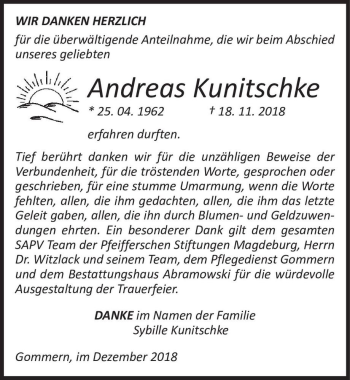 Traueranzeige von Andreas Kunitschke  von Magdeburger Volksstimme
