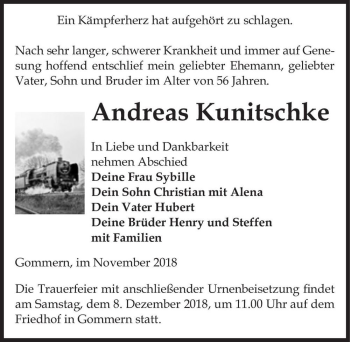 Traueranzeige von Andreas Kunitschke  von Magdeburger Volksstimme