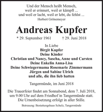 Traueranzeige von Andreas Kupfer  von Magdeburger Volksstimme