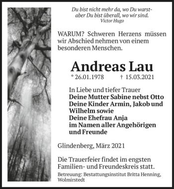 Traueranzeige von Andreas Lau  von Magdeburger Volksstimme