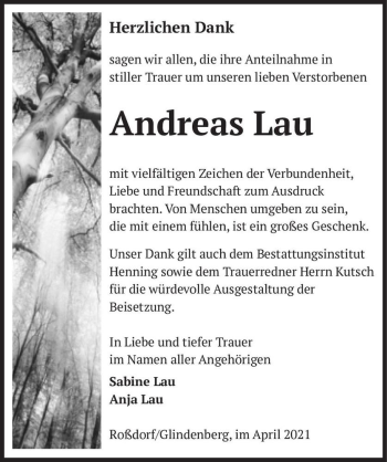 Traueranzeige von Andreas Lau  von Magdeburger Volksstimme