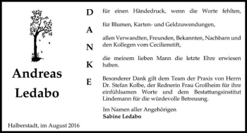 Traueranzeige von Andreas Ledabo  von Magdeburger Volksstimme