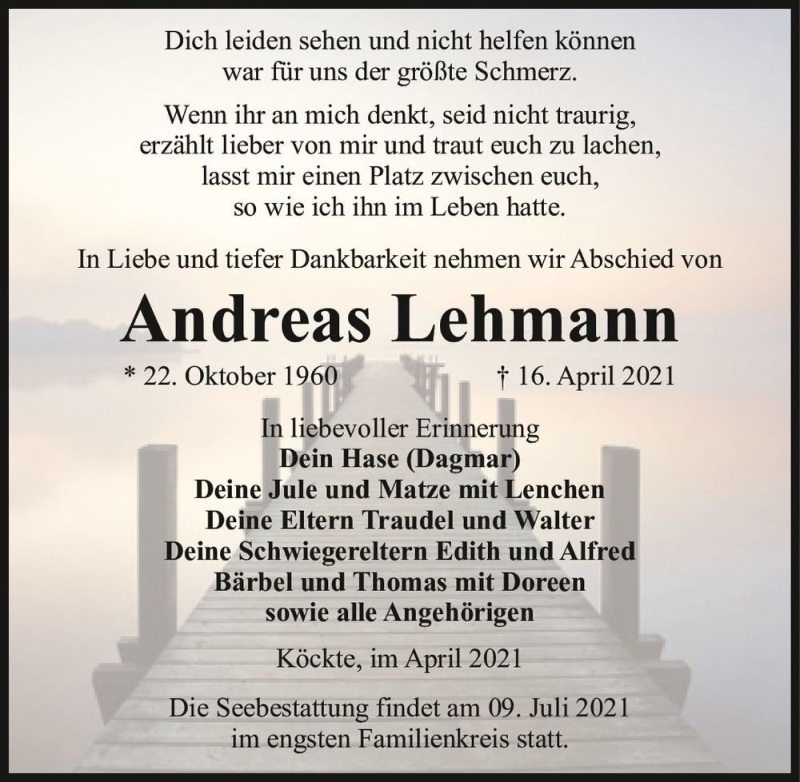  Traueranzeige für Andreas Lehmann  vom 08.05.2021 aus Magdeburger Volksstimme