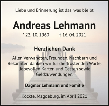 Traueranzeige von Andreas Lehmann  von Magdeburger Volksstimme