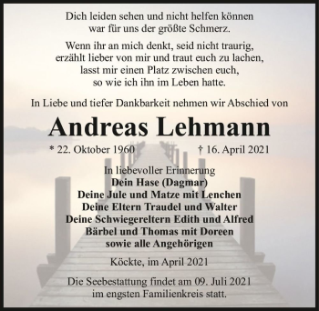 Traueranzeige von Andreas Lehmann  von Magdeburger Volksstimme