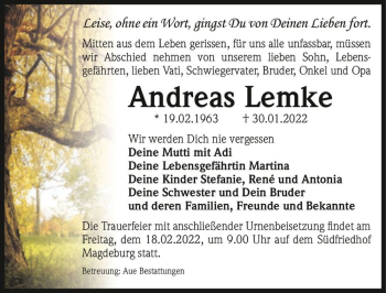 Traueranzeige von Andreas Lemke  von Magdeburger Volksstimme