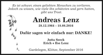 Traueranzeige von Andreas Lenz  von Magdeburger Volksstimme
