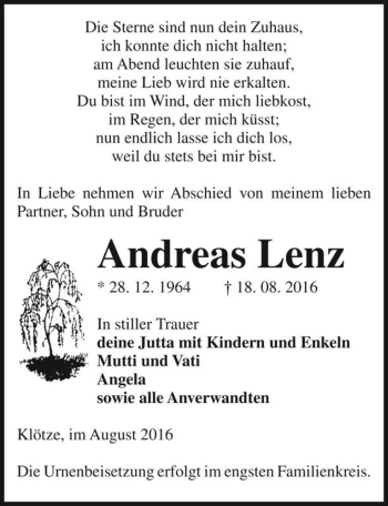 Traueranzeige von Andreas Lenz  von Magdeburger Volksstimme
