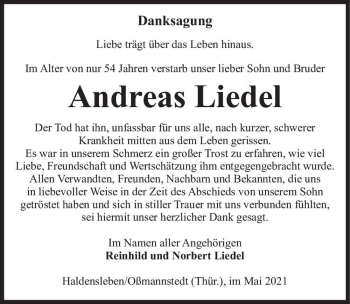 Traueranzeige von Andreas Liedel  von Magdeburger Volksstimme