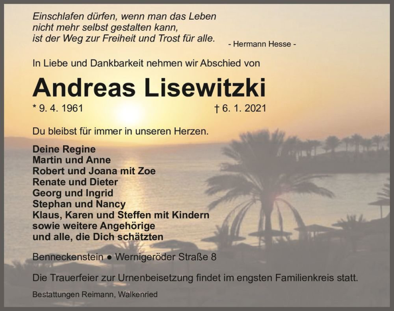  Traueranzeige für Andreas Liesewitzki  vom 13.01.2021 aus Magdeburger Volksstimme