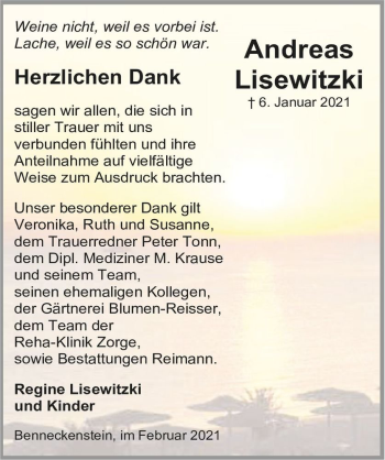 Traueranzeige von Andreas Lisewitzki  von Magdeburger Volksstimme