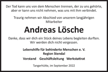 Traueranzeige von Andreas Lösche  von Magdeburger Volksstimme