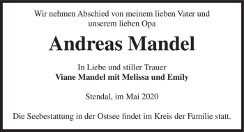 Traueranzeige von Andreas Mandel  von Magdeburger Volksstimme