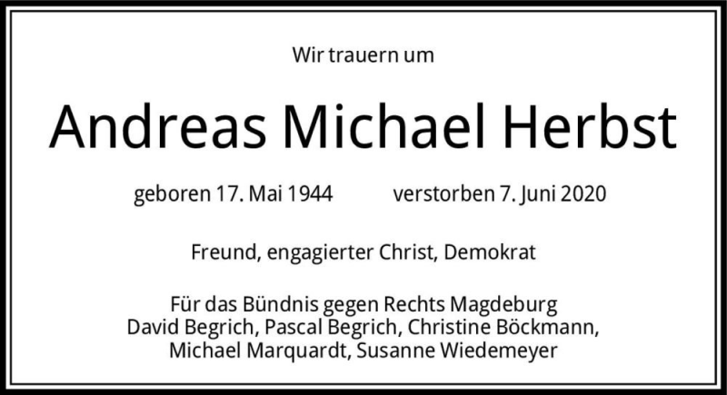  Traueranzeige für Andreas Michael Herbst  vom 20.06.2020 aus Magdeburger Volksstimme