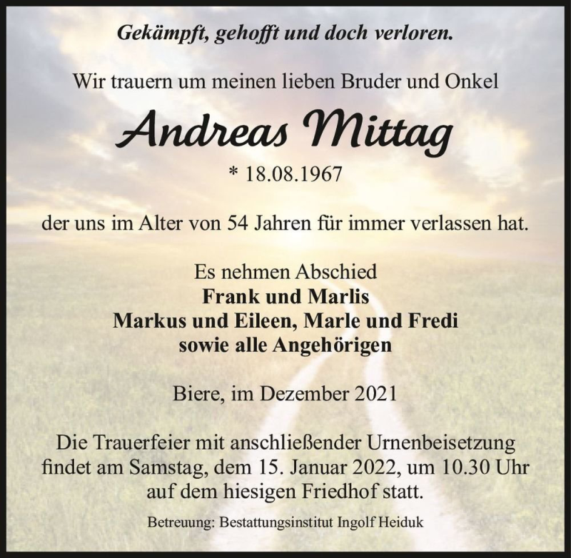 Traueranzeige für Andreas Mittag  vom 08.01.2022 aus Magdeburger Volksstimme