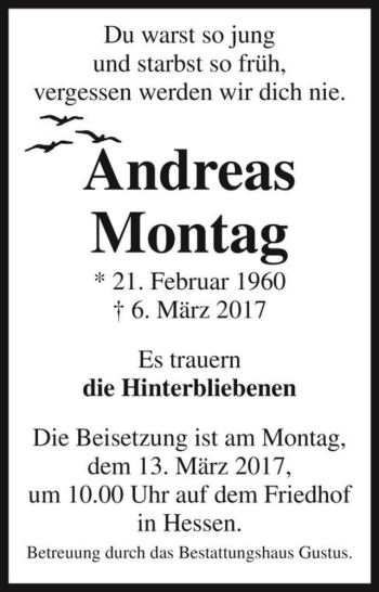 Traueranzeige von Andreas Montag  von Magdeburger Volksstimme