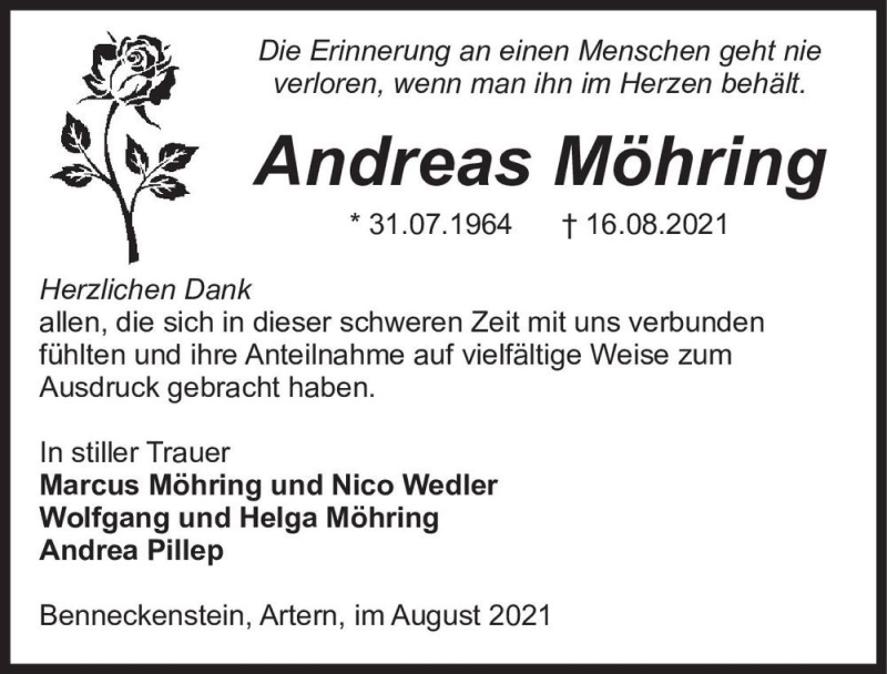  Traueranzeige für Andreas Möhring  vom 04.09.2021 aus Magdeburger Volksstimme