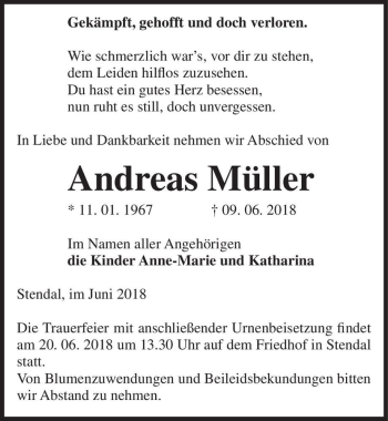 Traueranzeige von Andreas Müller  von Magdeburger Volksstimme