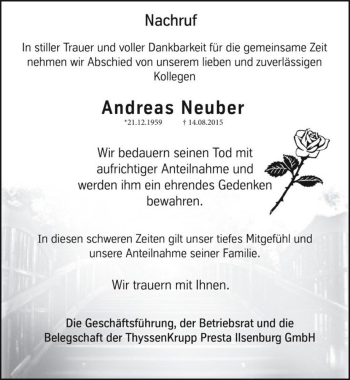 Traueranzeige von Andreas Neuber  von Magdeburger Volksstimme