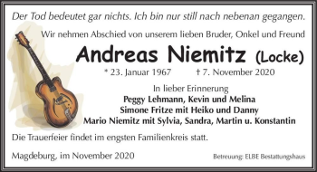 Traueranzeige von Andreas Niemitz (Locke)  von Magdeburger Volksstimme