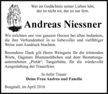 Traueranzeige von Andreas Niessner  von Magdeburger Volksstimme