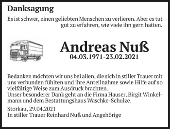 Traueranzeige von Andreas Nuß  von Magdeburger Volksstimme