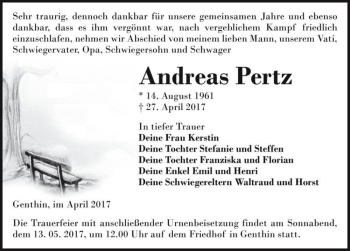 Traueranzeige von Andreas Pertz  von Magdeburger Volksstimme