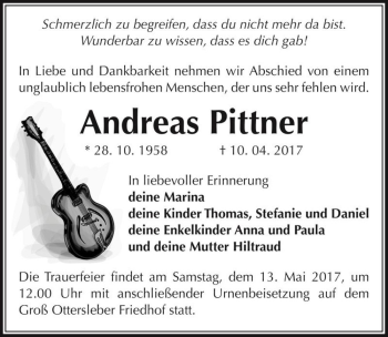 Traueranzeige von Andreas Pittner  von Magdeburger Volksstimme