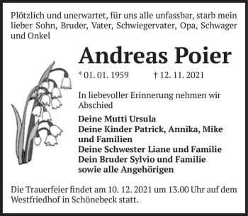 Traueranzeige von Andreas Poier  von Magdeburger Volksstimme