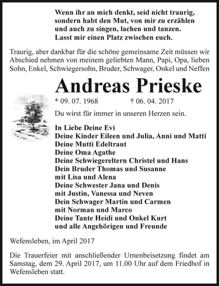  Traueranzeige für Andreas Prieske  vom 22.04.2017 aus Magdeburger Volksstimme