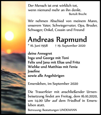 Traueranzeige von Andreas Rapmund  von Magdeburger Volksstimme