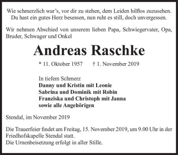 Traueranzeige von Andreas Raschke  von Magdeburger Volksstimme